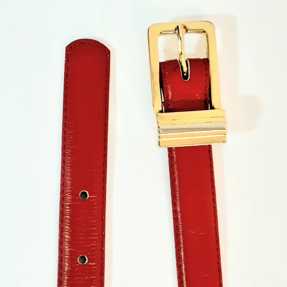 Womens Rose Red Genuine Leather Skinny Belt Size Medium Art Deco Buckle